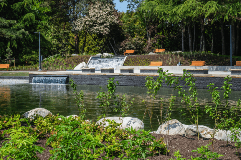 Basalt waterfall wall — Minoru Central Park, Richmond
