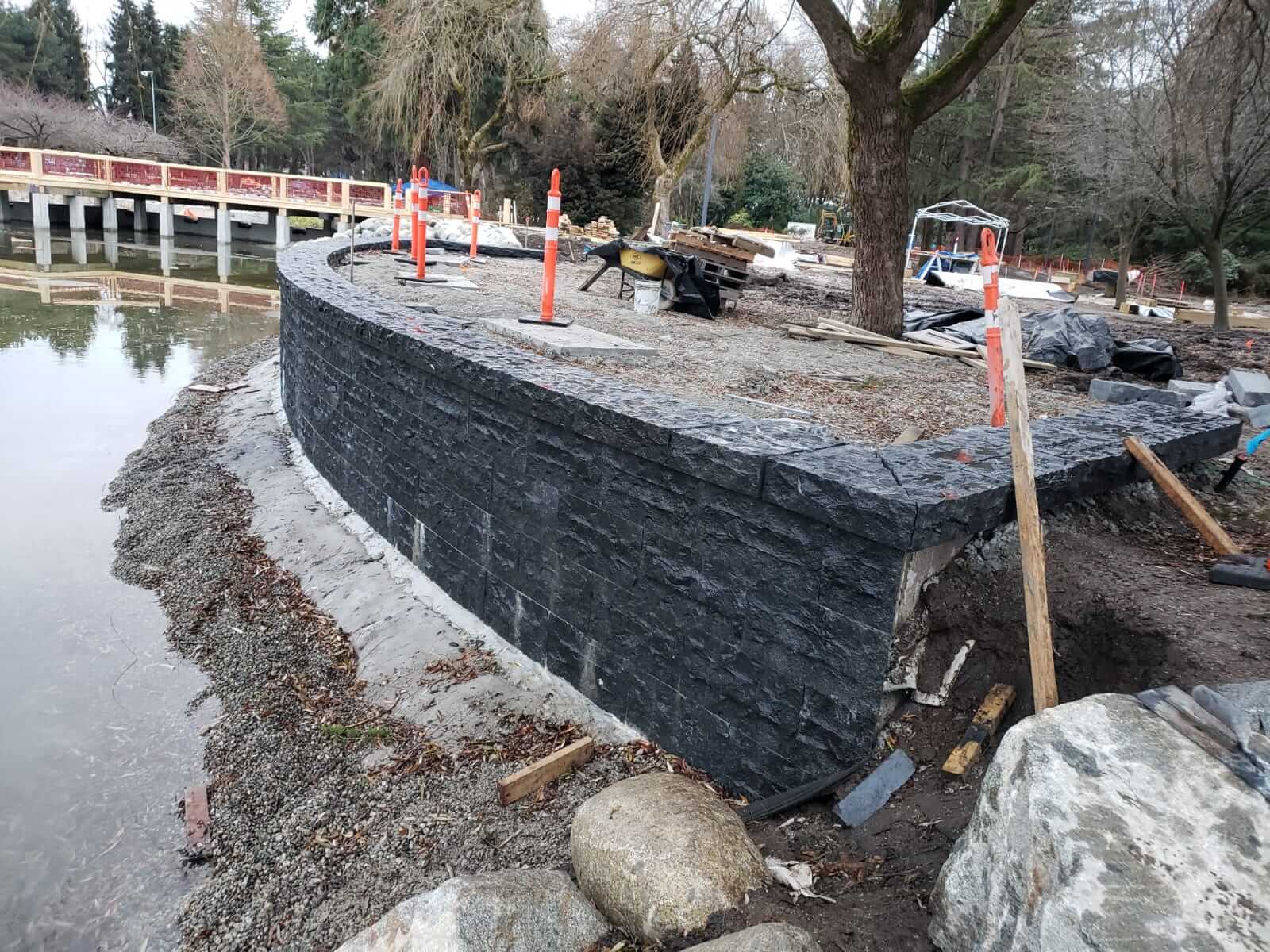 Curved Basalt Seat Wall — Minoru Lakes, Richmond